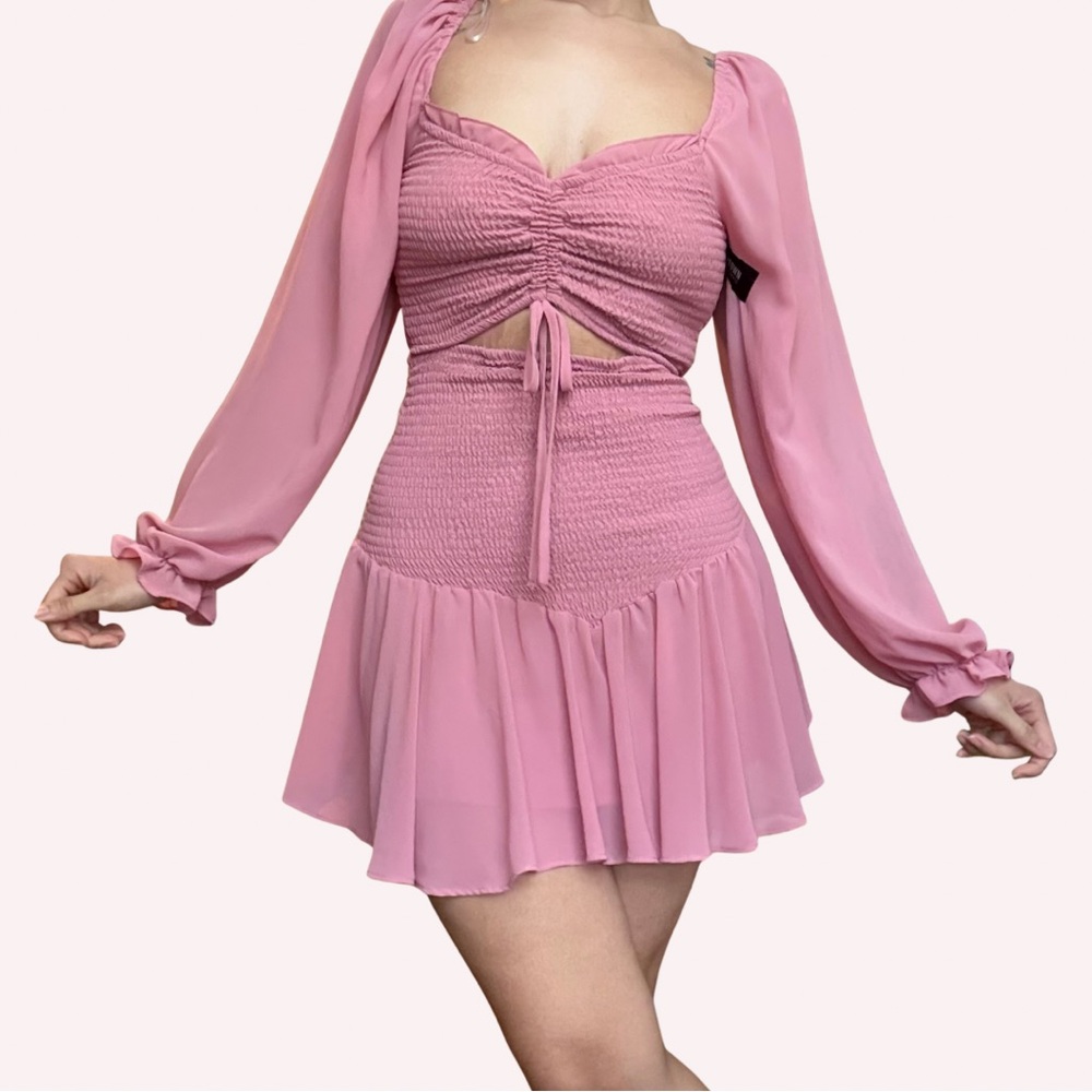 Pink Ruched Long Sleeve Dress